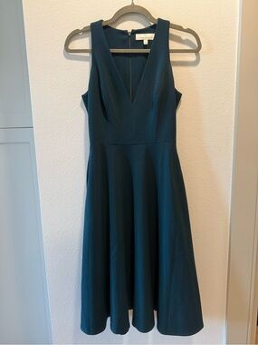 Dress the Population Teal V-Neck Midi Fit-and-Flare Dress